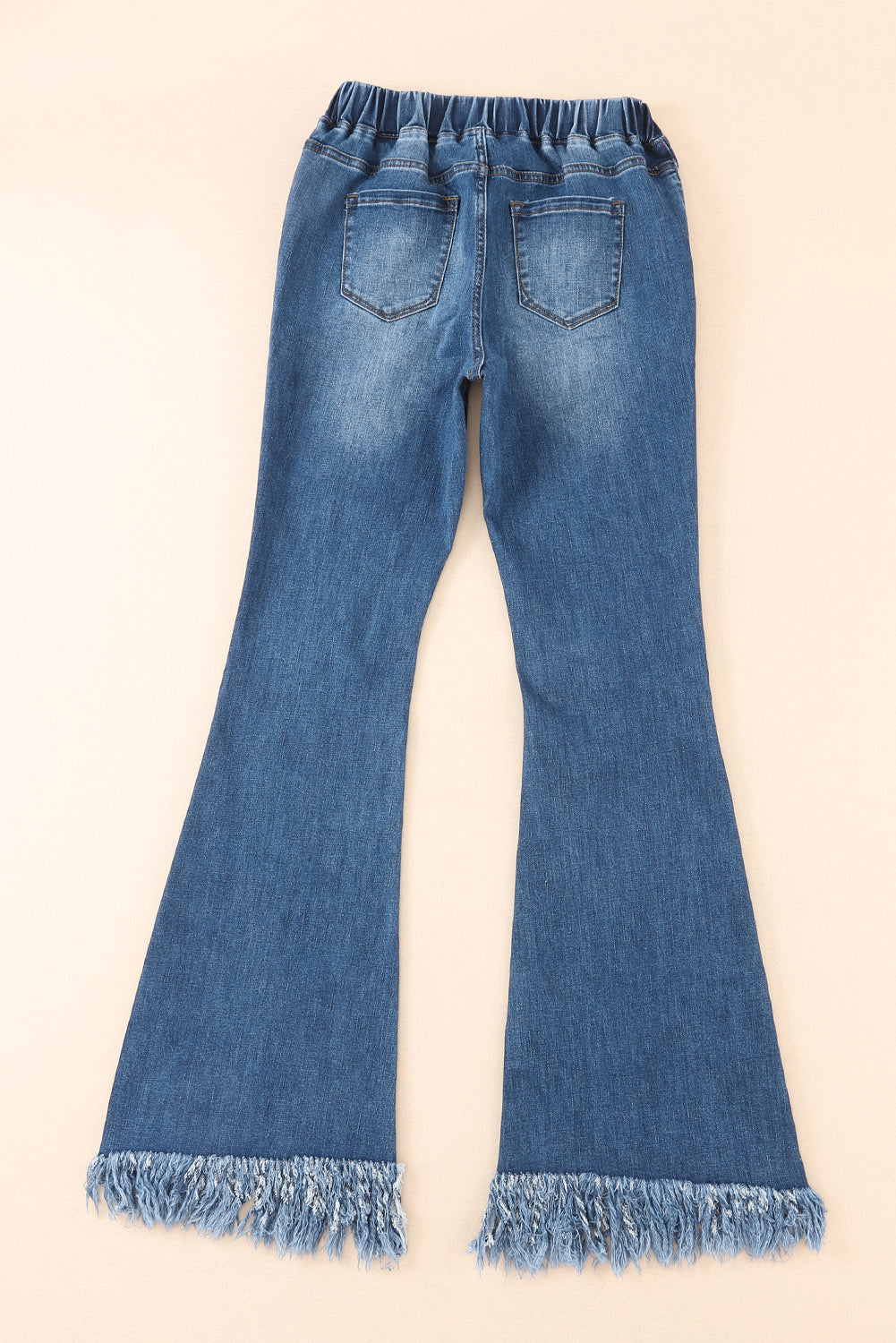 Blue Frayed Tassel Hem Elastic Waist Flared Jeans