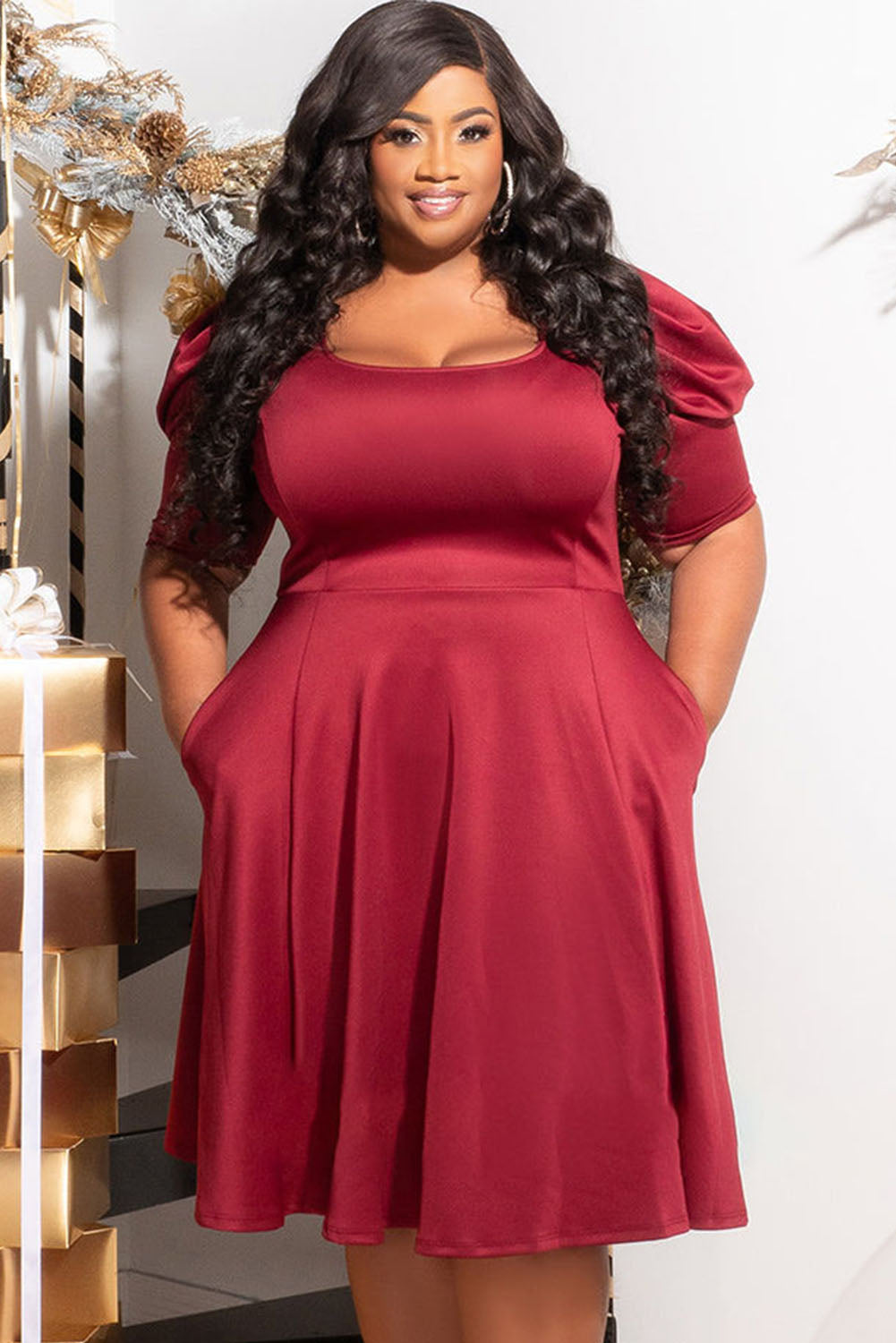 Red Plus Size Ruched Puff Sleeves Fit Flare Midi Dress