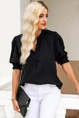 Black Solid Color Smock Sleeve V Neck Top