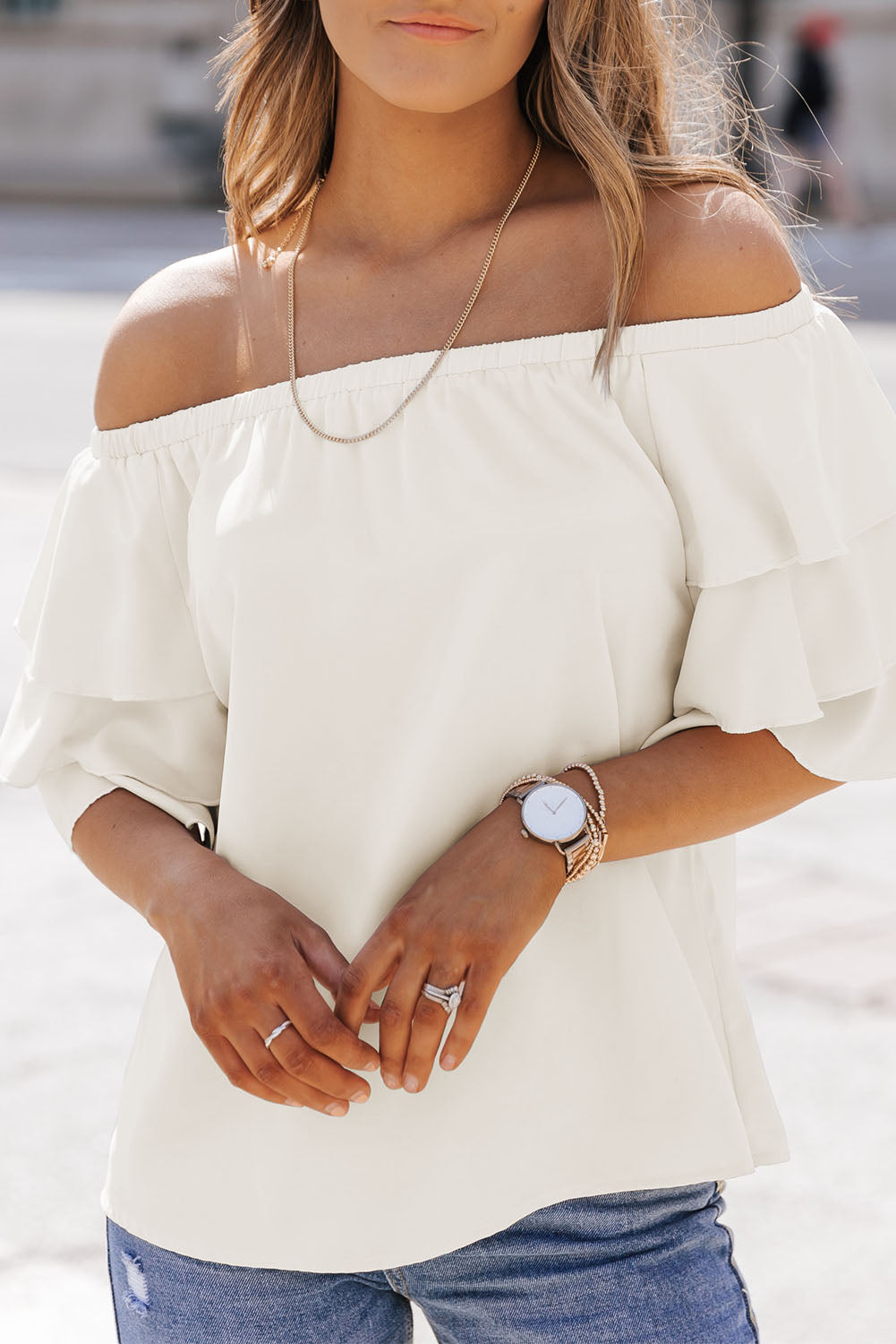 Apricot Tiered Ruffled Half Sleeve Off Shoulder Blouse