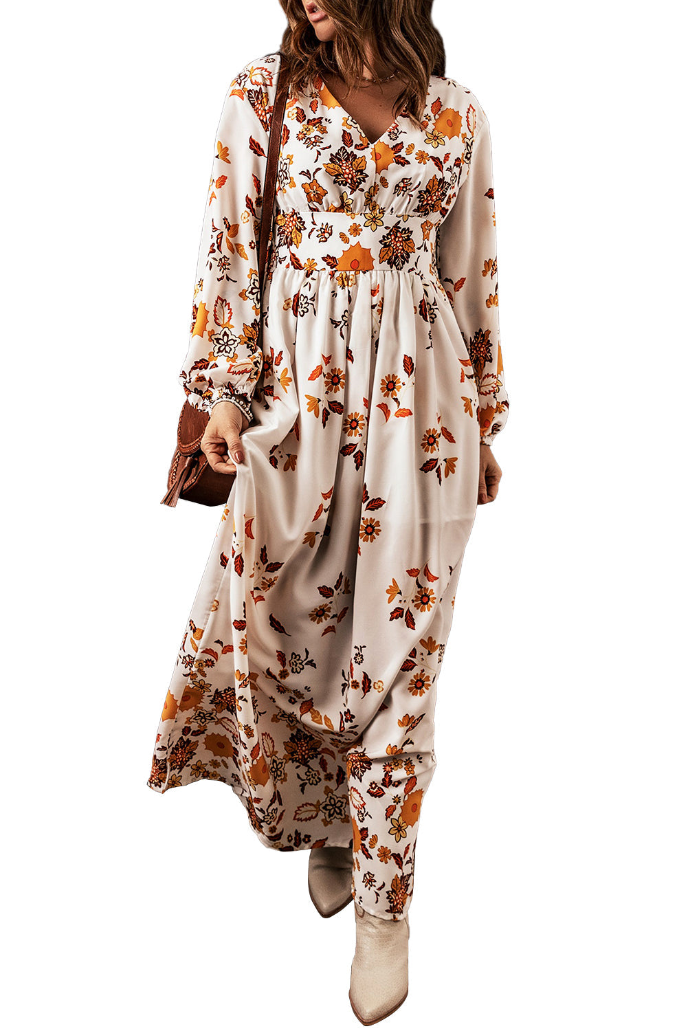 Yellow Leaf Print V Neck Puff Sleeve Maxi Dress
