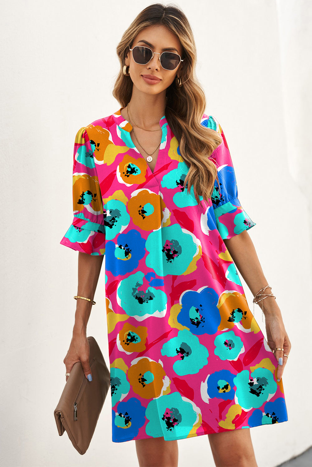 Multicolor Split V Collar Ruffle Sleeve Floral Shift Dress