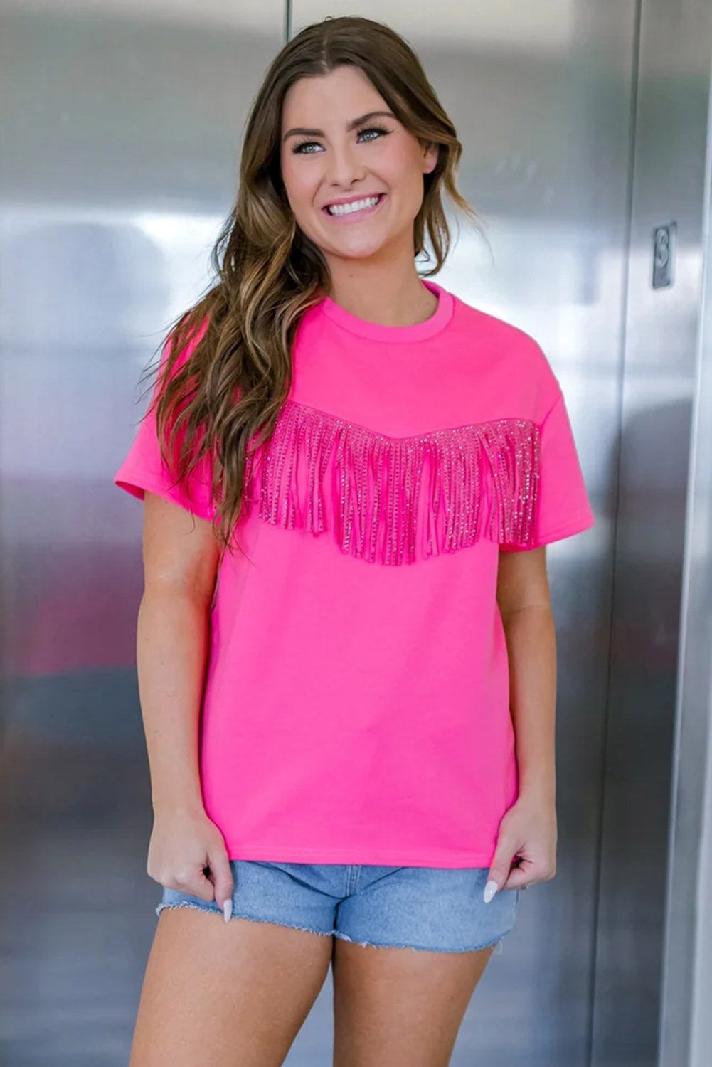 Rose Rhinestone Fringed Short Sleeve T-shirt