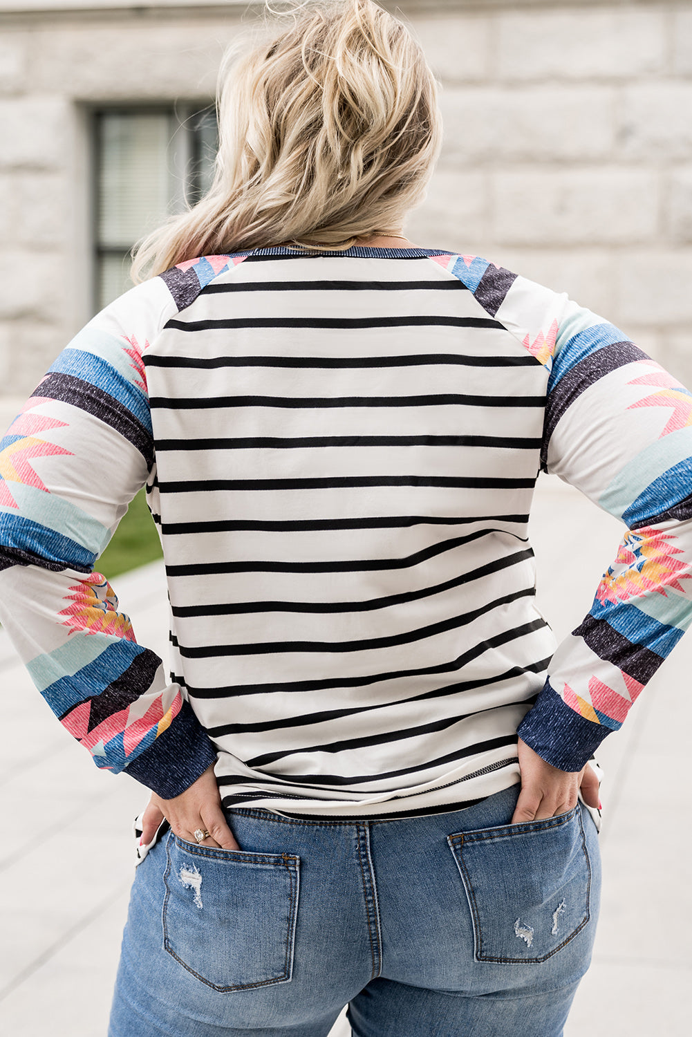 White Aztec Sleeve Striped Raglan Plus Size Top