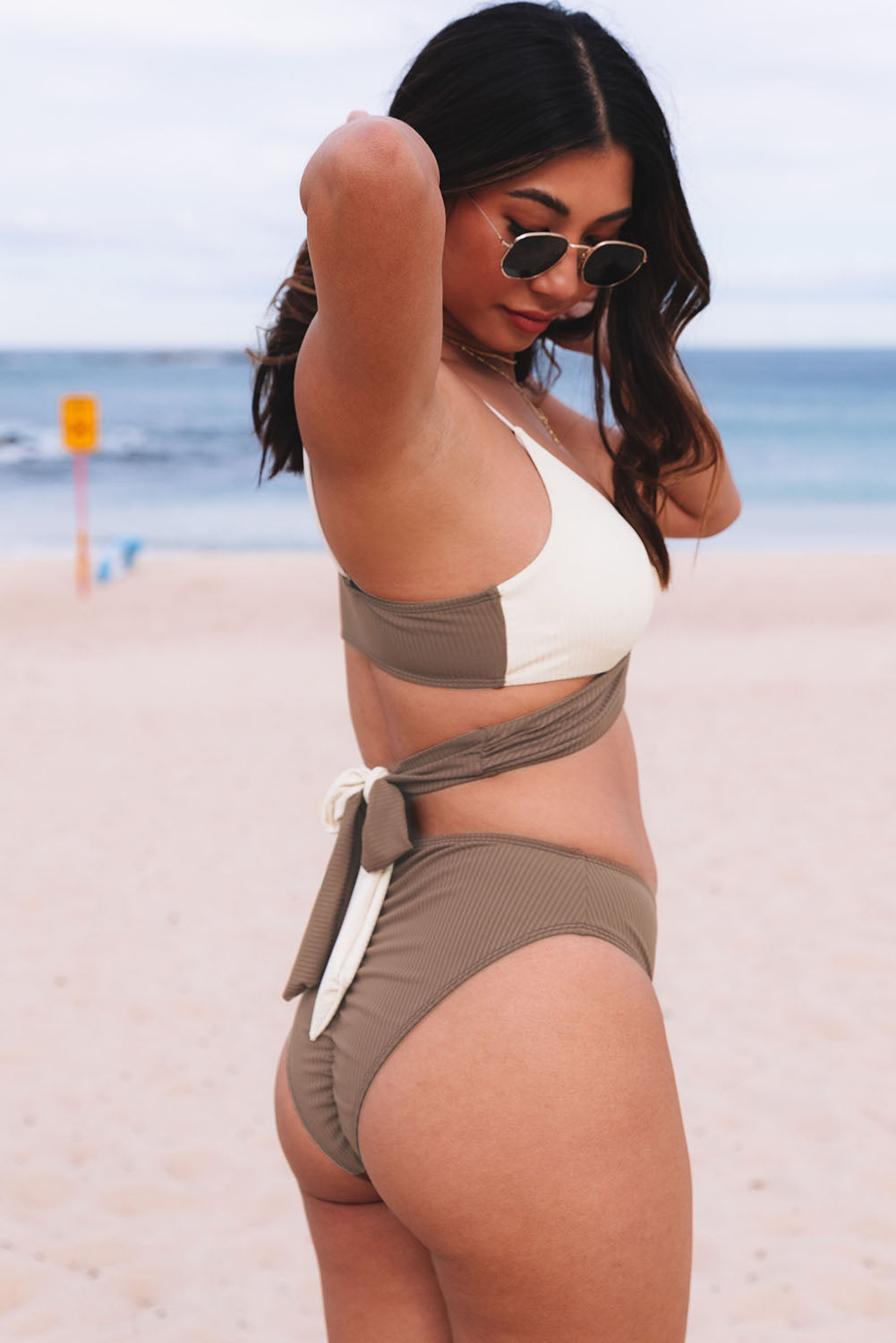 Khaki Color Block Knot Back Wrap Bikini Swimsuit