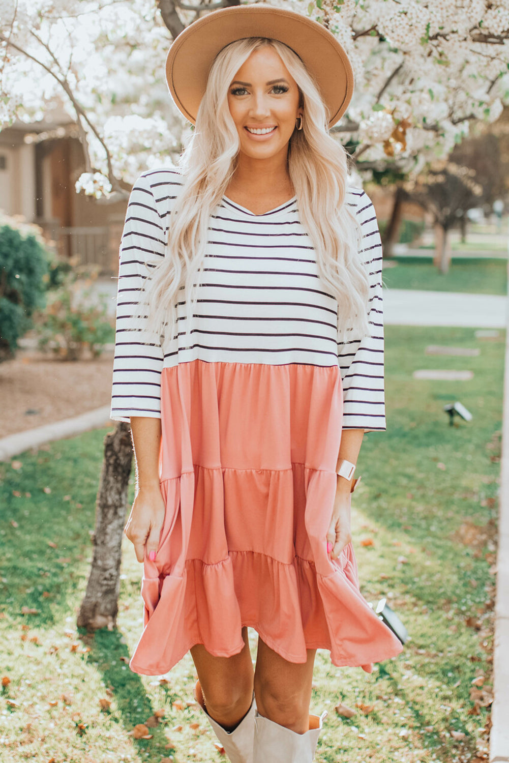 Striped Patchwork Tiered Ruffle T Shirt Dress