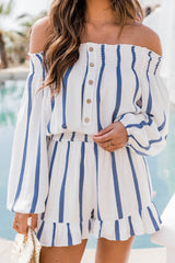 Blue Striped Off Shoulder Ruffled Long Sleeve Romper