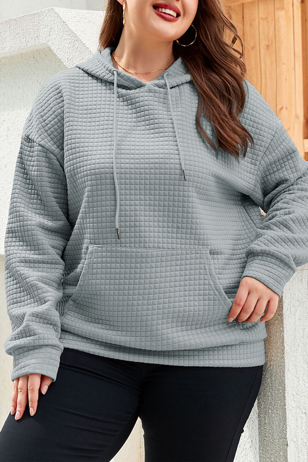 Gray Quilted Kangaroo Pocket Drawstring Hoodie