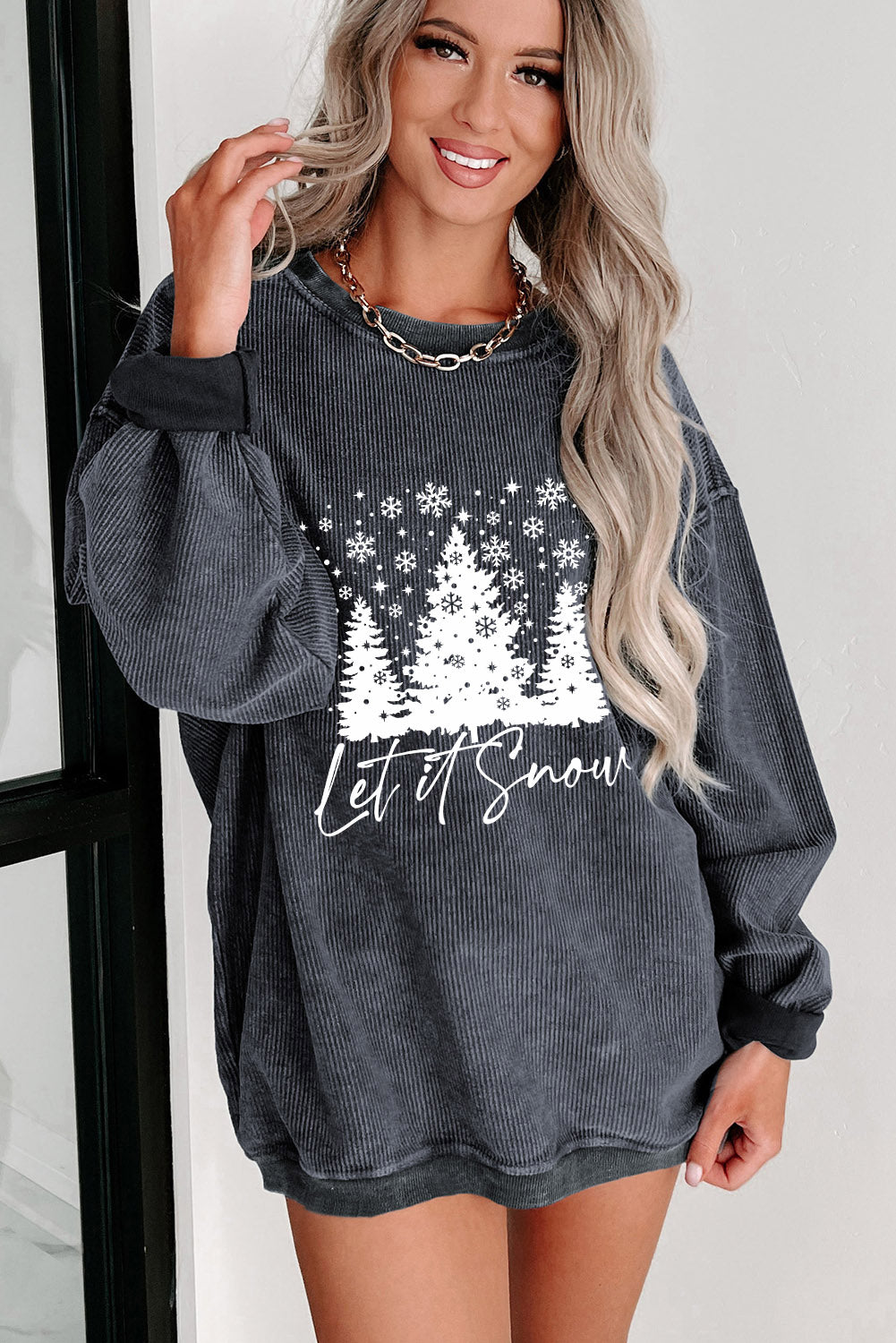 Black Solid Ribbed Knit Round Neck Pullover Sweatshirt