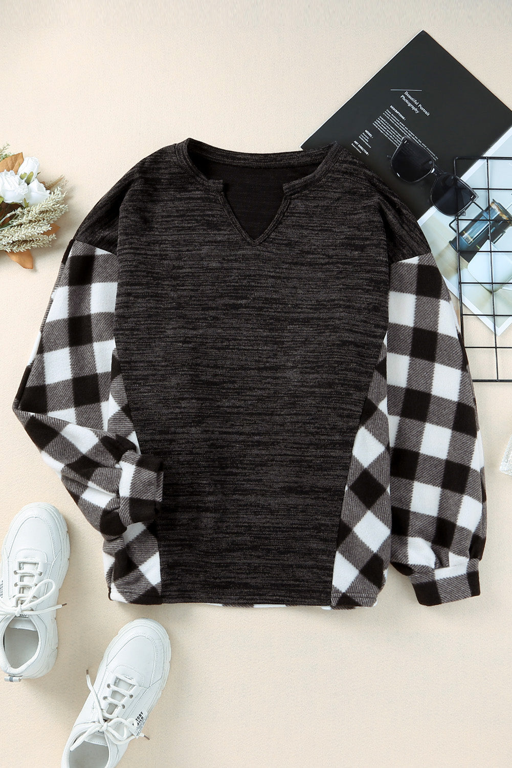 Black Buffalo Plaid Splicing Split Neck Knit Top