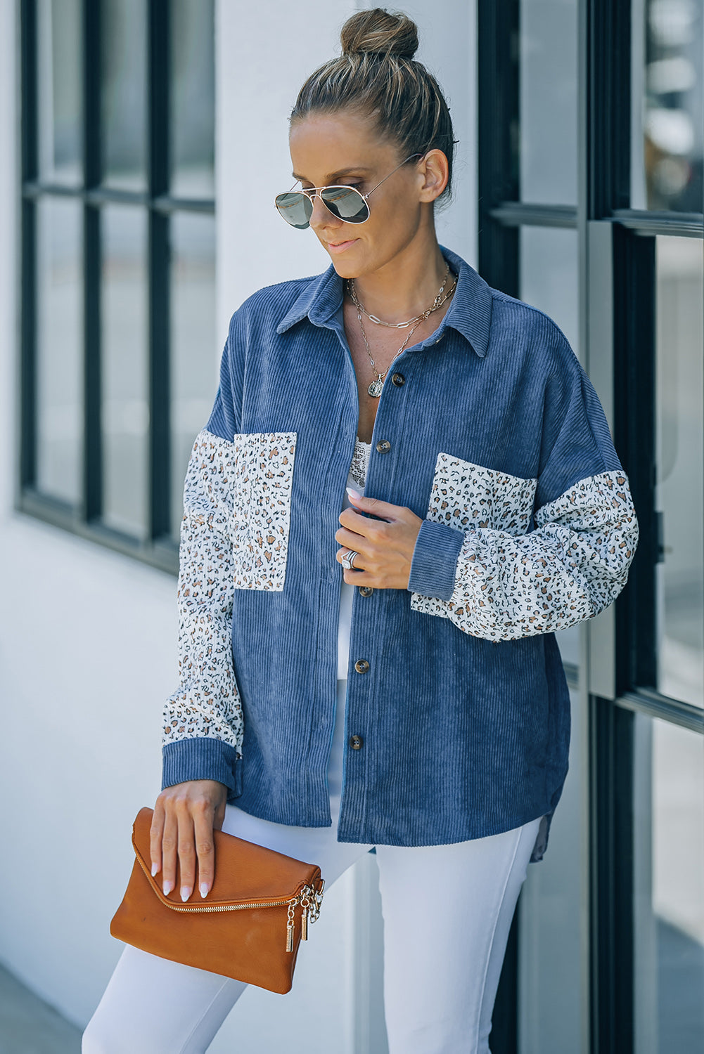 Gray Leopard Patchwork Corduroy Buttoned Shirt Jacket