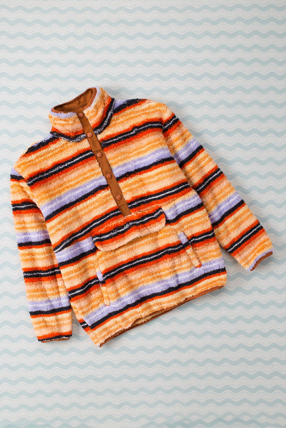 Multicolor Striped Kangaroo Pocket Buttoned Sherpa Sweatshirt