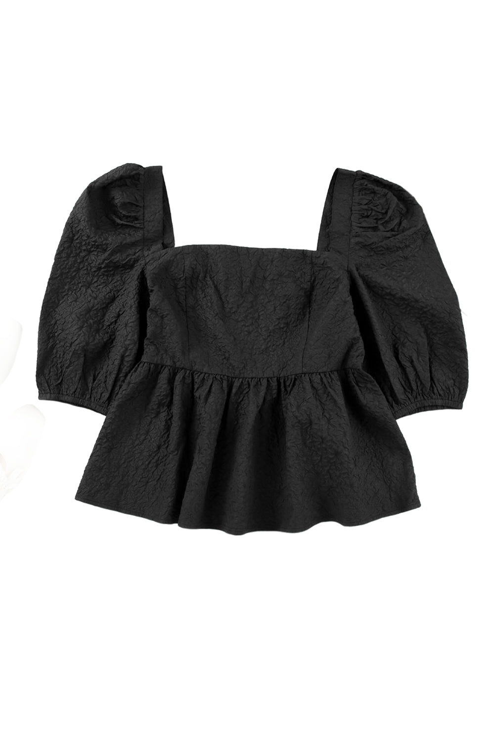 Black Textured Square Neck Puff Sleeve Peplum Blouse