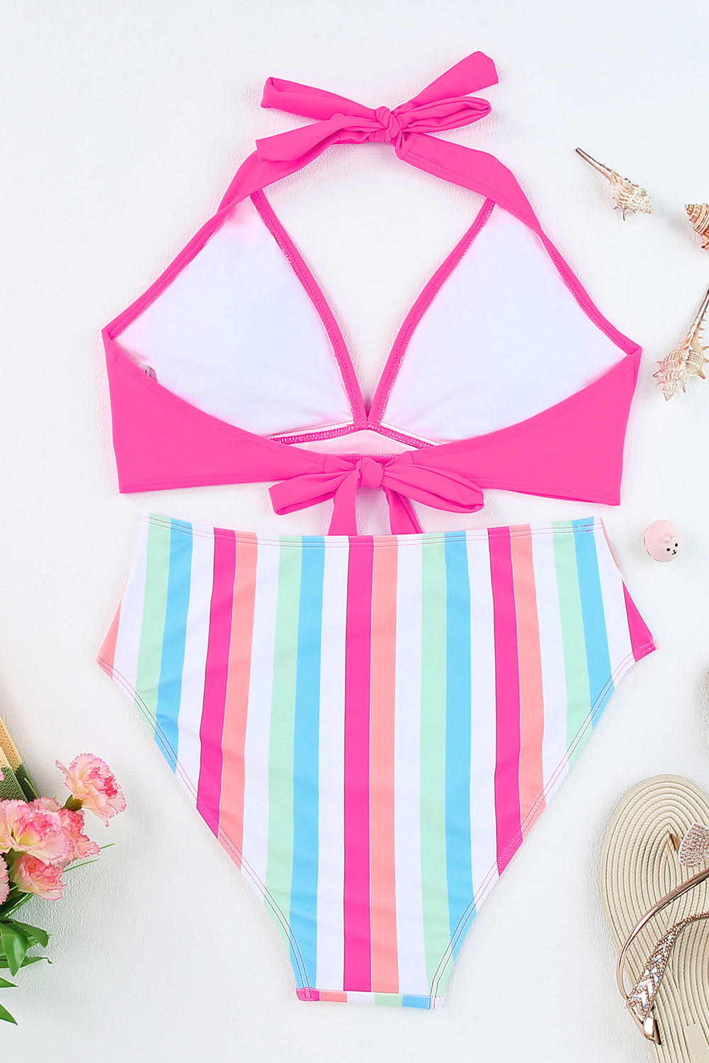 Rose Halter Striped Backless Self-Tie Bikini Swimsuit