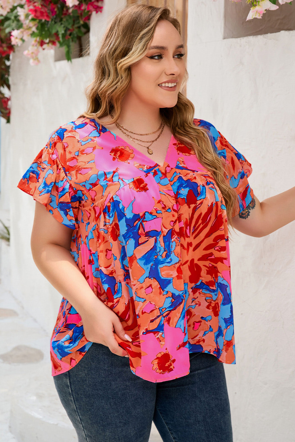 Sky Blue Abstract Print V Neck Flutter Sleeve Blouse