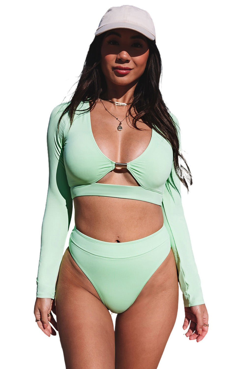 Green Long Sleeve Cutout Bikini High Waist Swimsuit