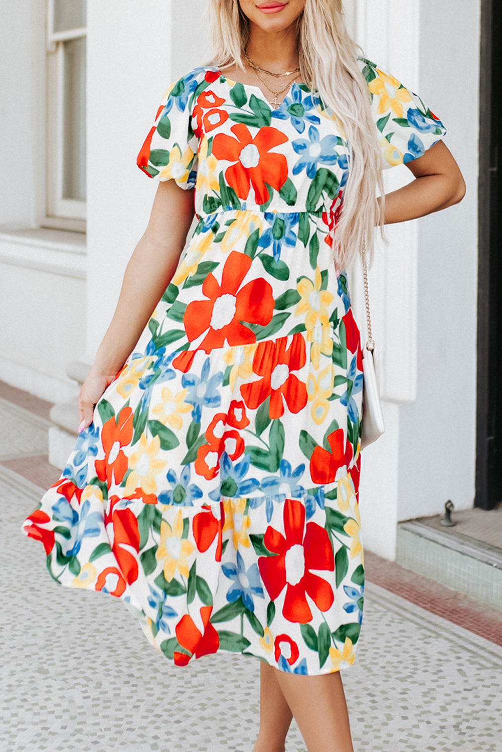 Multicolor Flutter Sleeve V Neck High Waist Floral Midi Dress