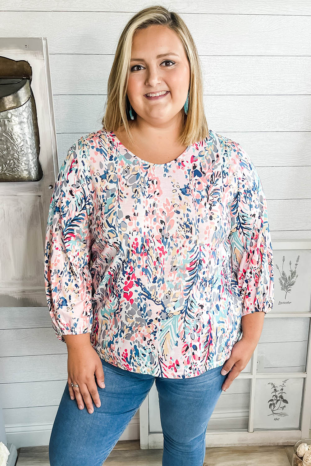 Multicolor Plus Size Floral Print Round Neck Long Sleeve Blouse