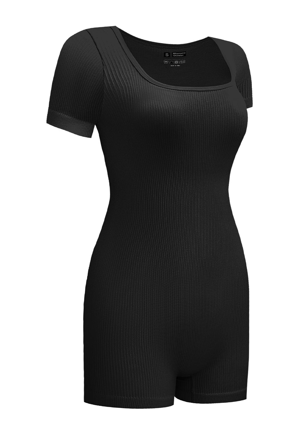 Black Ribbed Square Neck Short Sleeve Athleisure Romper