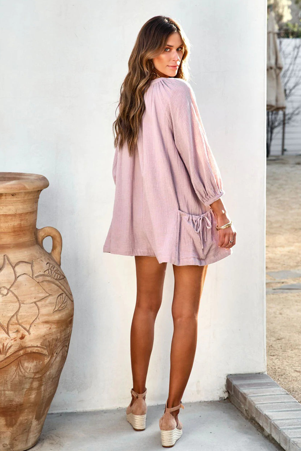 Pink Crinkled Buttoned V Neck Long Sleeve Romper