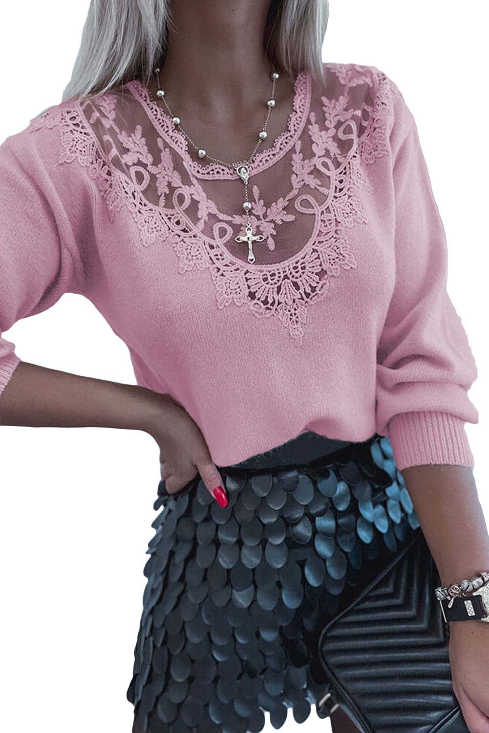 Pink Lace Splicing Knitted Sweater