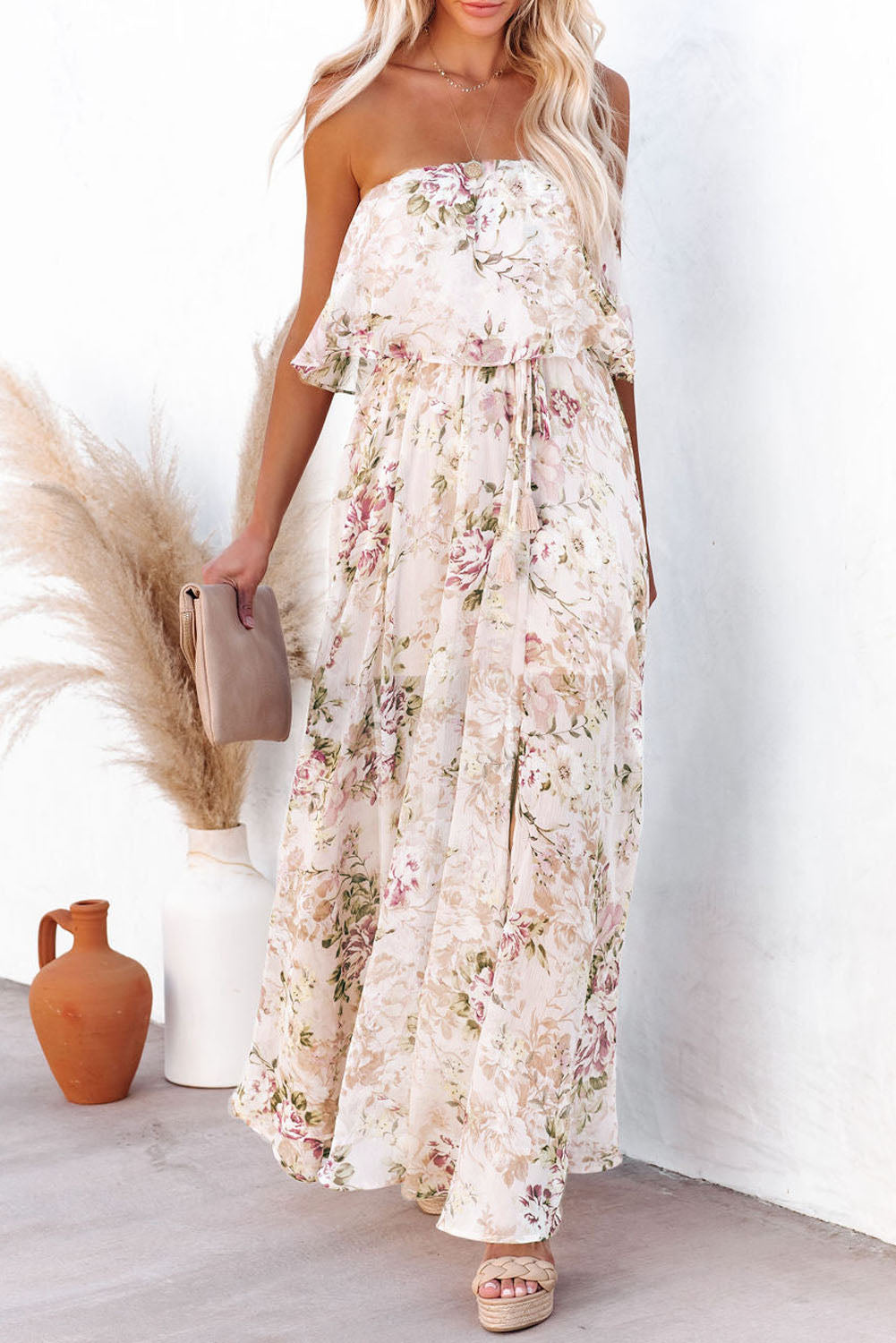 Pink Floral Print Strapless Tube Top Maxi Dress