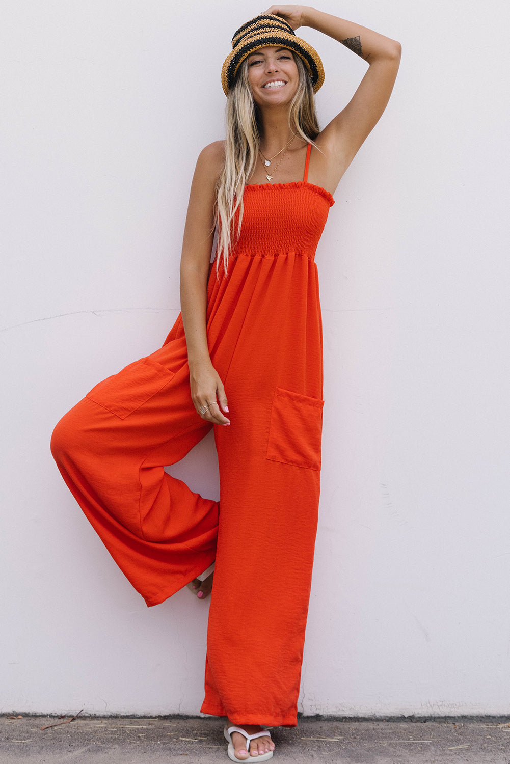 Orange Smocked Spaghetti Straps Wide Leg Jumpsuit