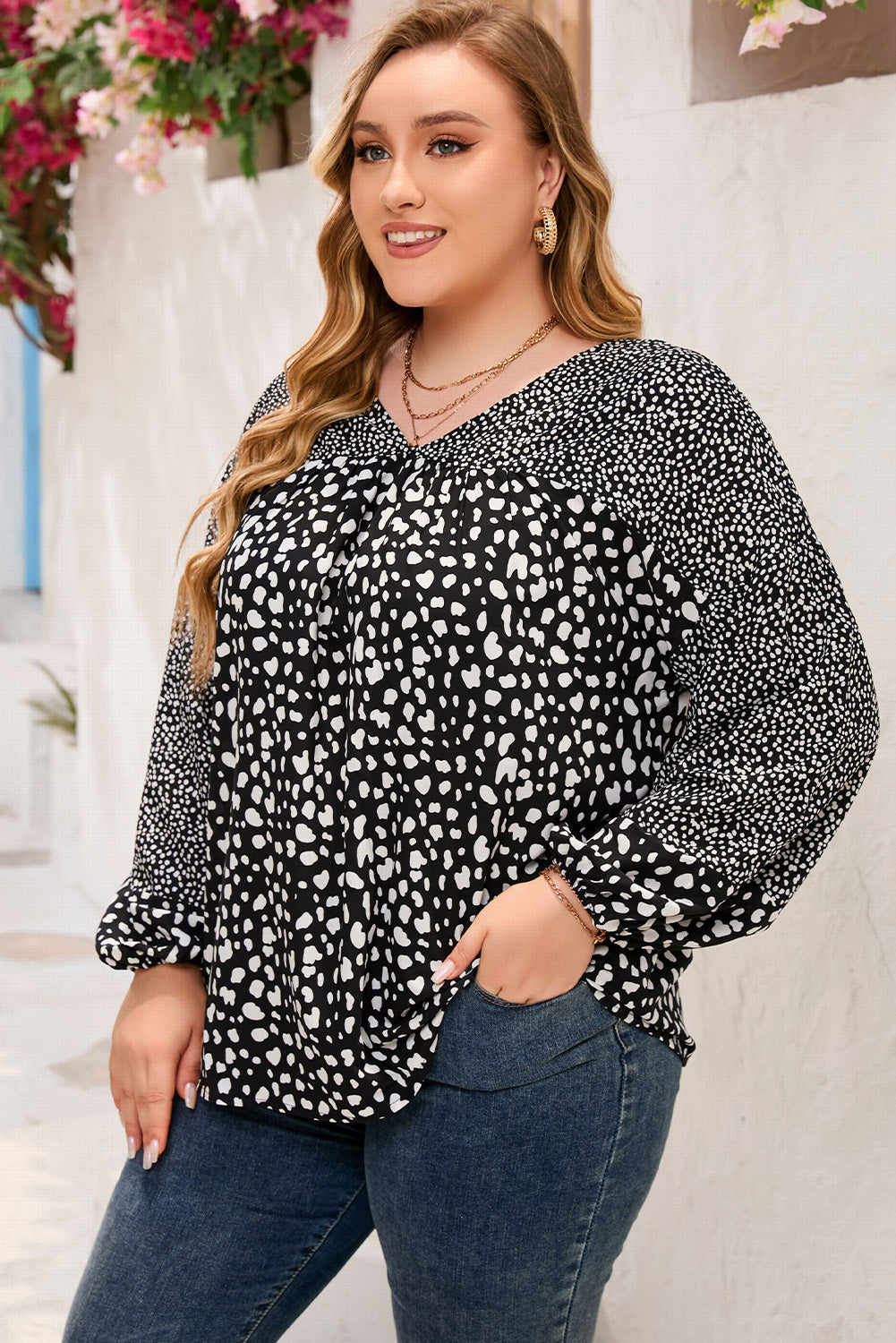 Black V Neck Cheetah Mixed Print Plus Size Blouse