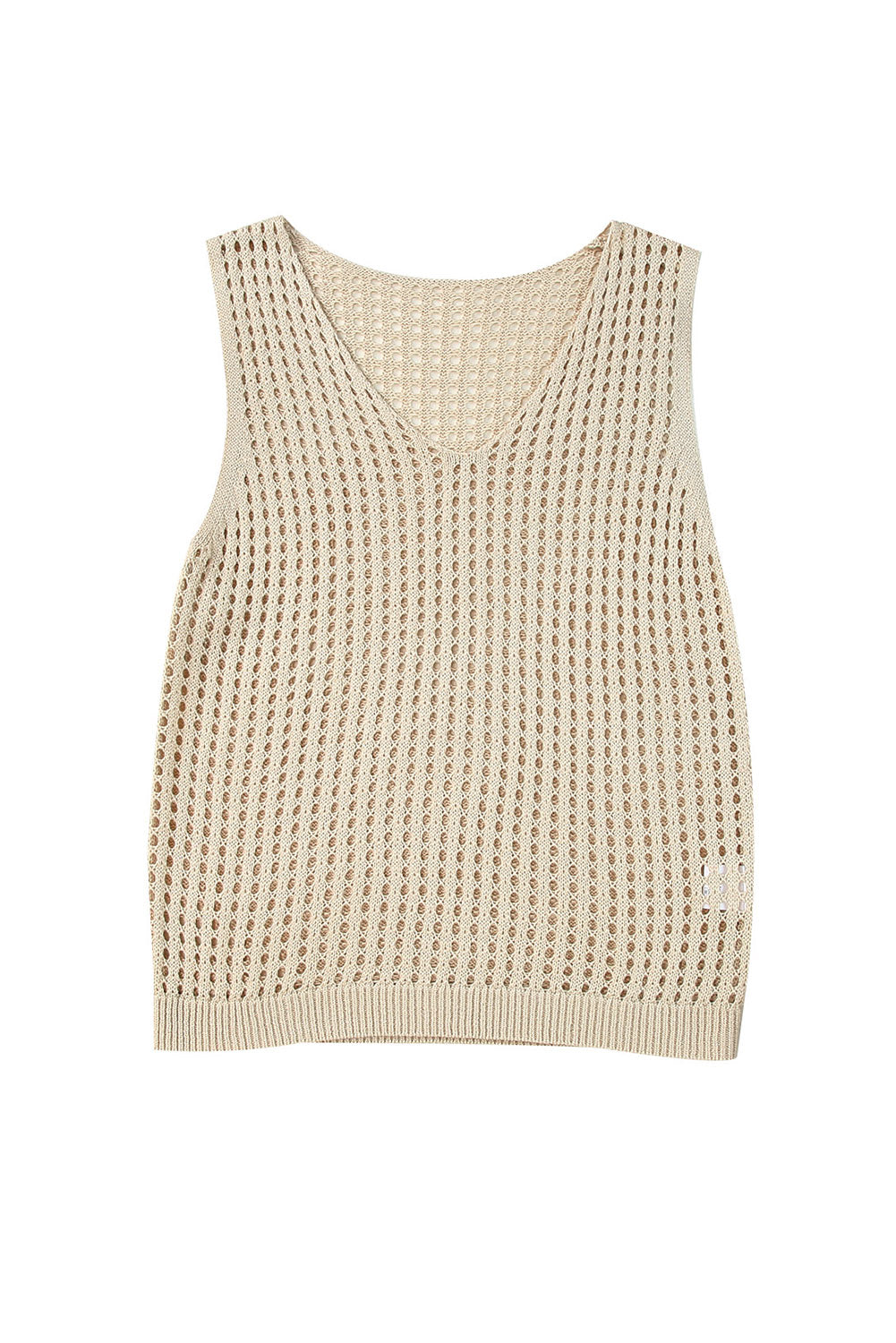 Khaki V Neck Fishnet Hollow-out Knitted Tank Top