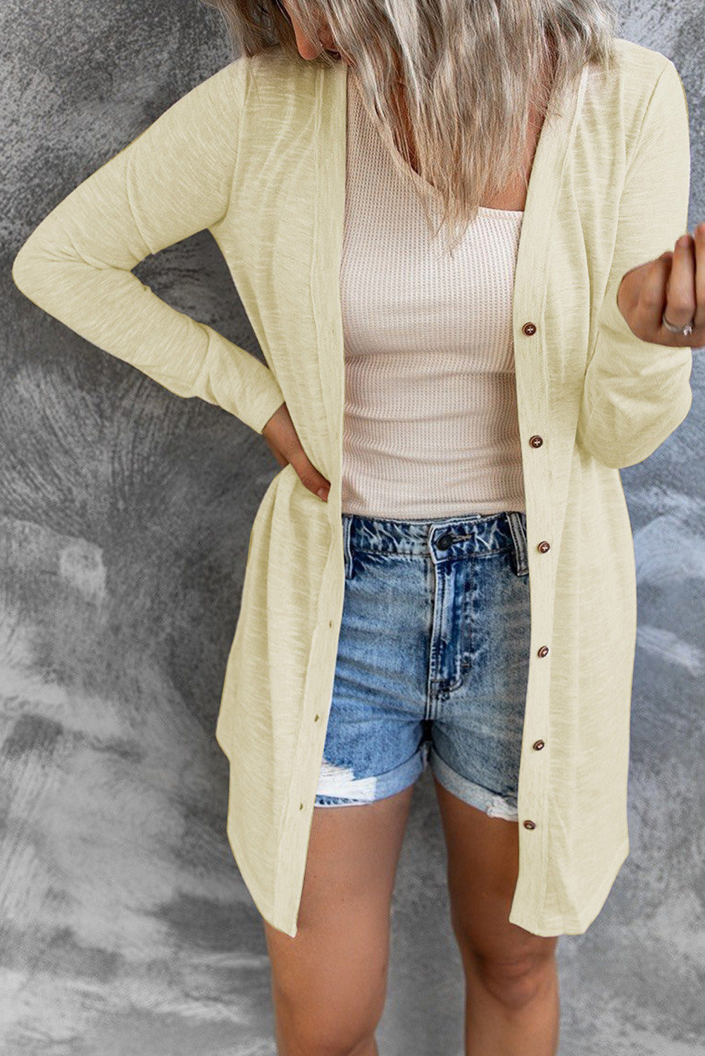 Solid Color Open-Front Buttons Cardigan