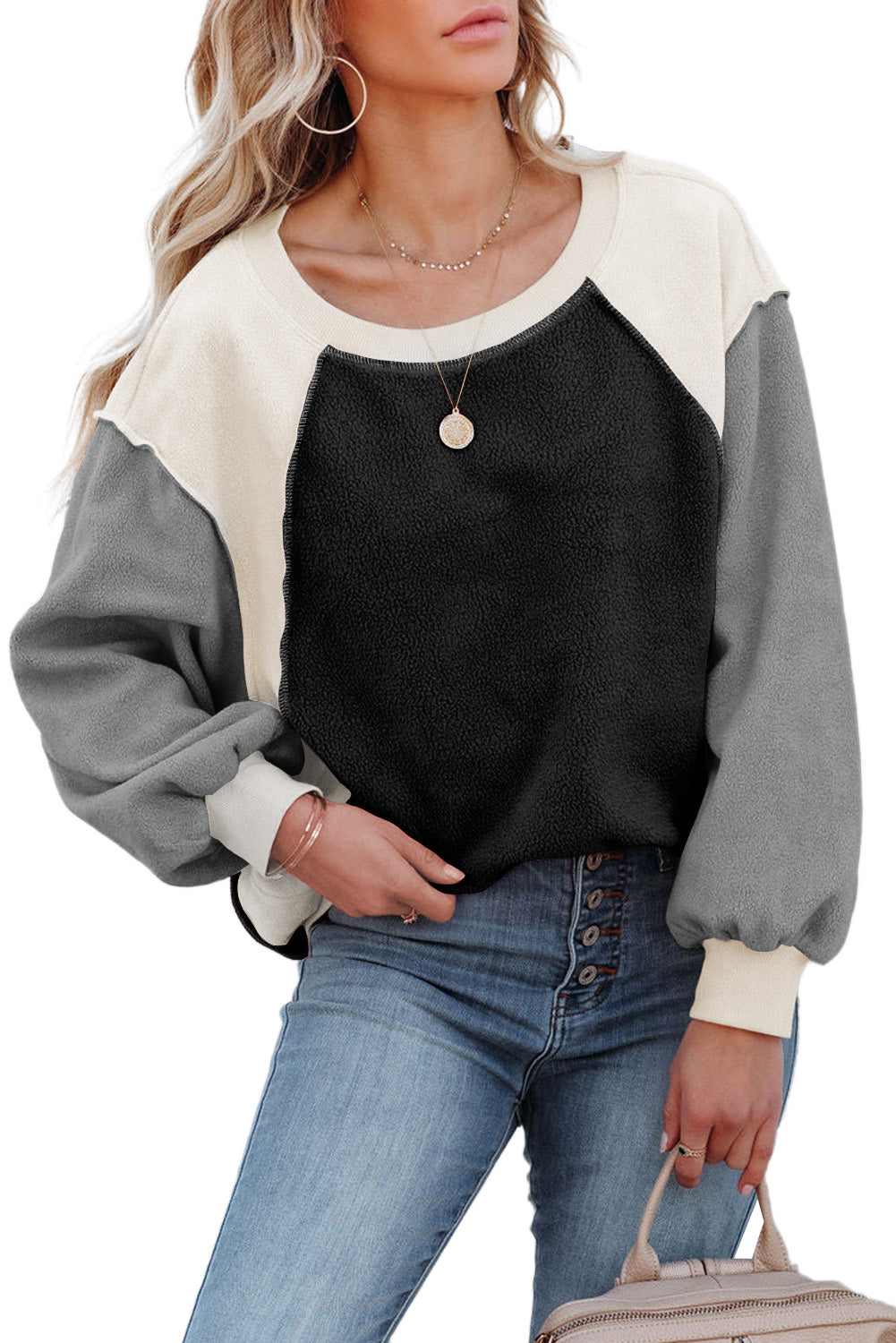 Rose Colorblock Long Sleeve Pullover Fleece Sweatshirt