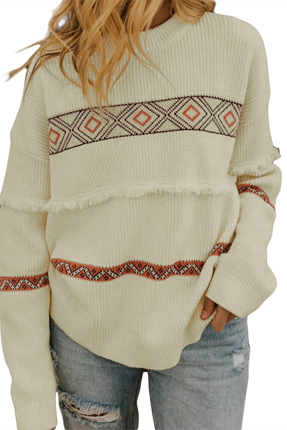 Snow White Western Geometric Print Tasseled Textured Sweater