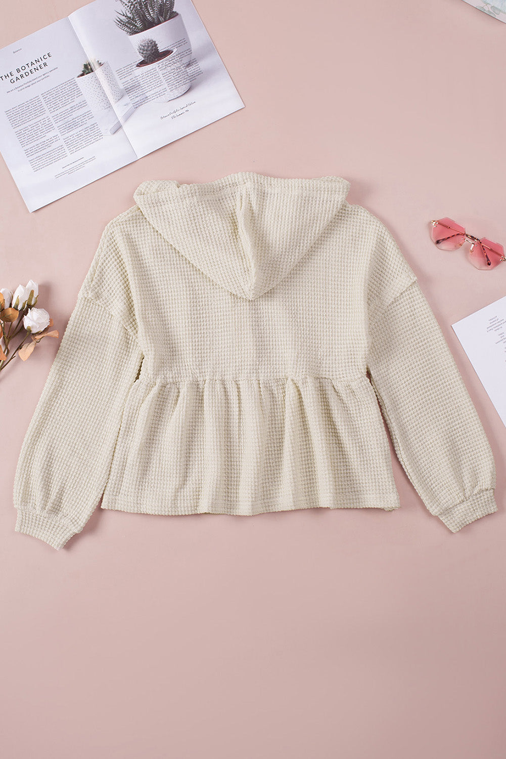 Apricot Waffle Knit Buttons Ruffled Hooded Top