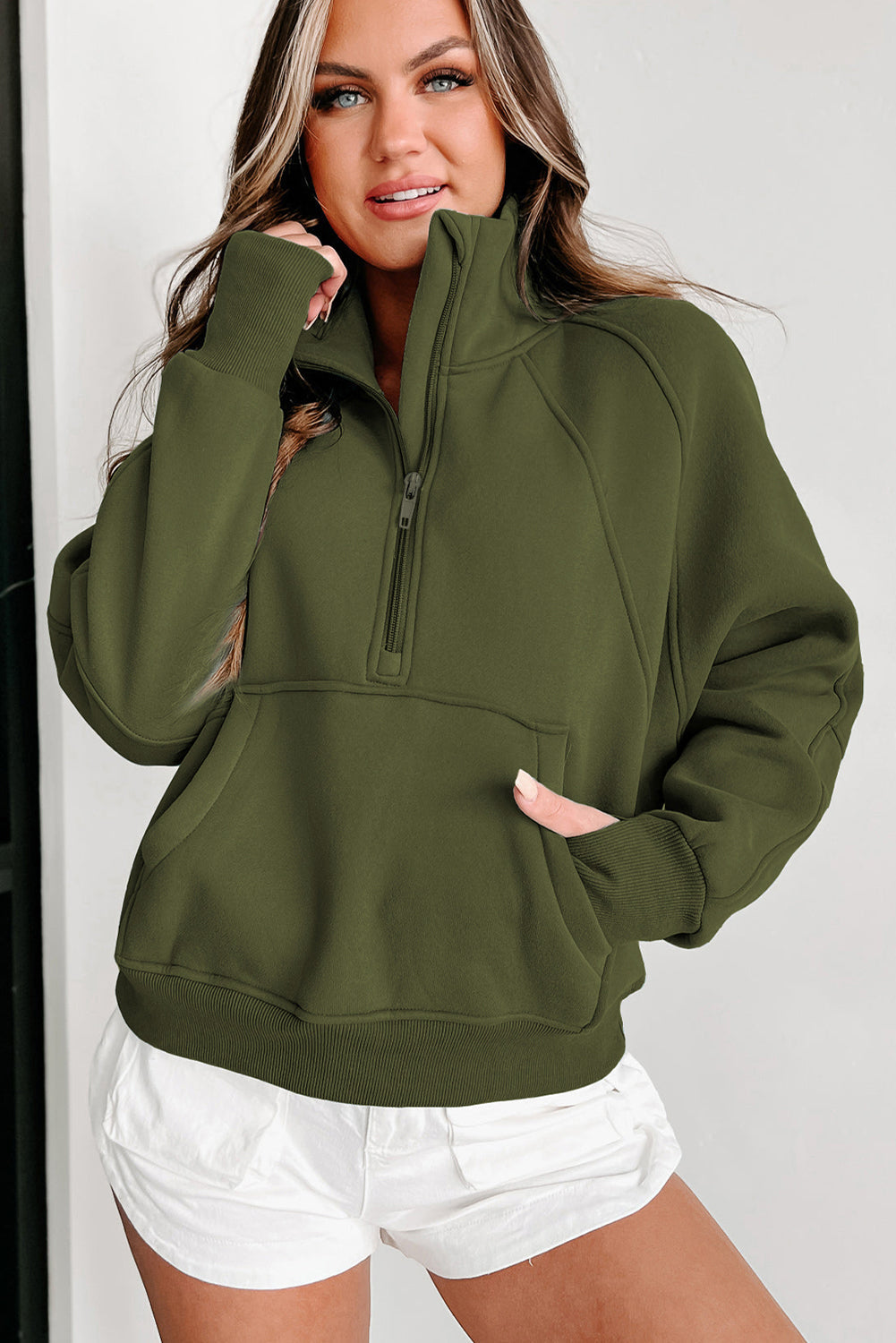 Green Zip Up Stand Collar Ribbed Thumbhole Sleeve Sweatshirt