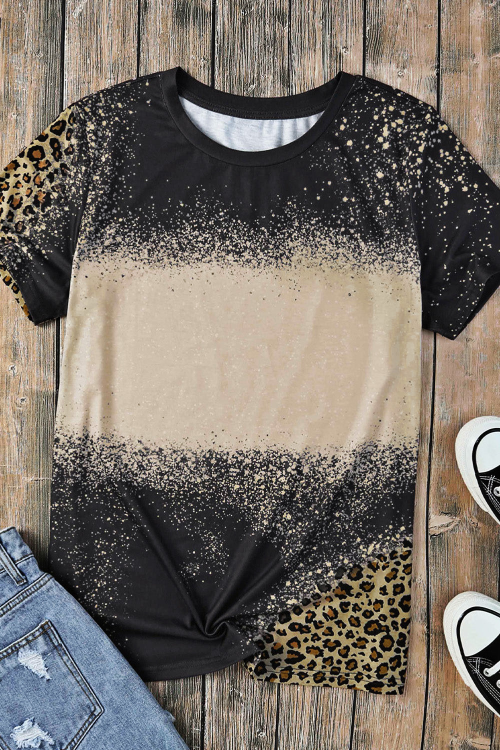 Gray Bleached Blank Leopard Tie-dye Print T Shirt