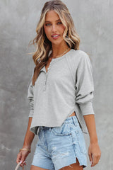 Gray Waffle Knit Side Split Buttoned Henley Top