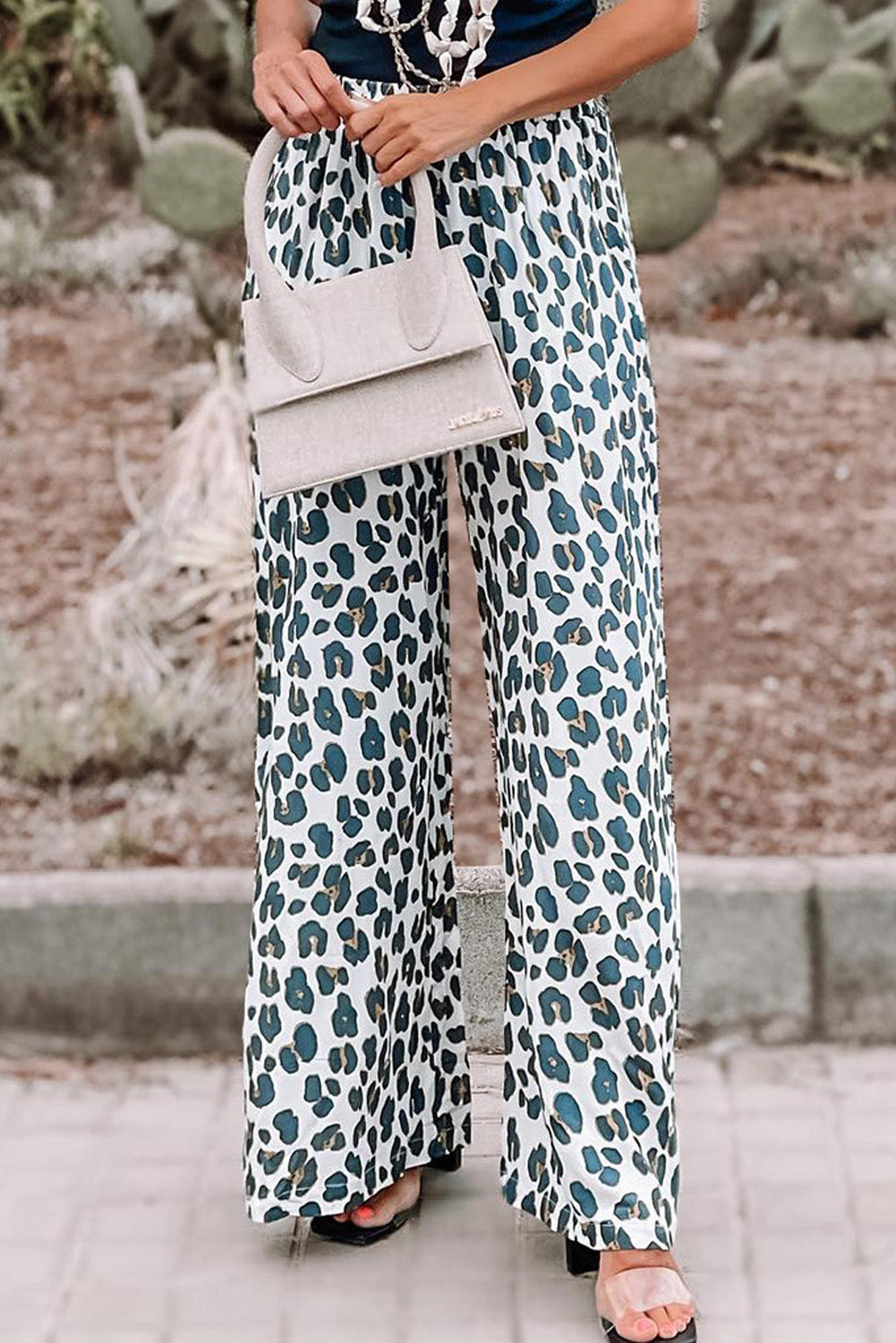 White Leopard Print Pocketed Wide Leg Pants