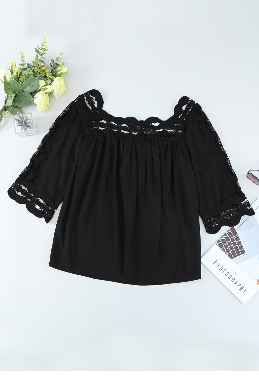 Black Lace Trim Half Sleeve Plus Size Top