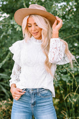 White Mock Neck Ruffled Long Sleeve Lace Top