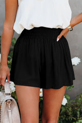 Black Smocked High Waist Shorts