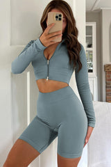 Sky Blue Full Zipper Ribbed Seamless Long Sleeve Yoga Top