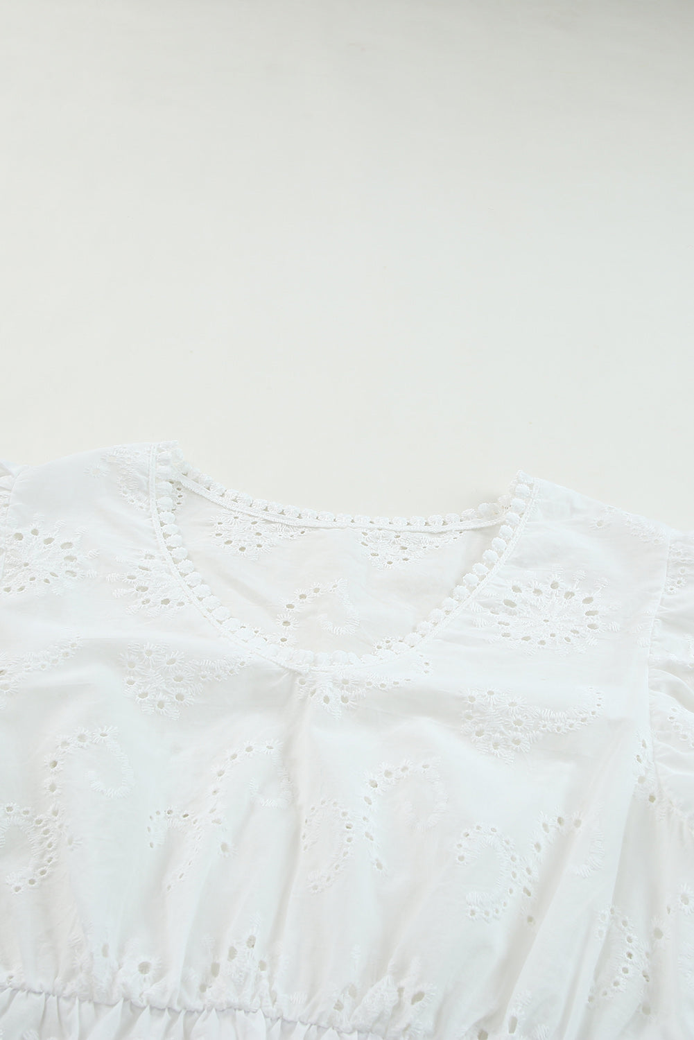 White Eyelet Floral Hollow-out Pattern Ruffle Top