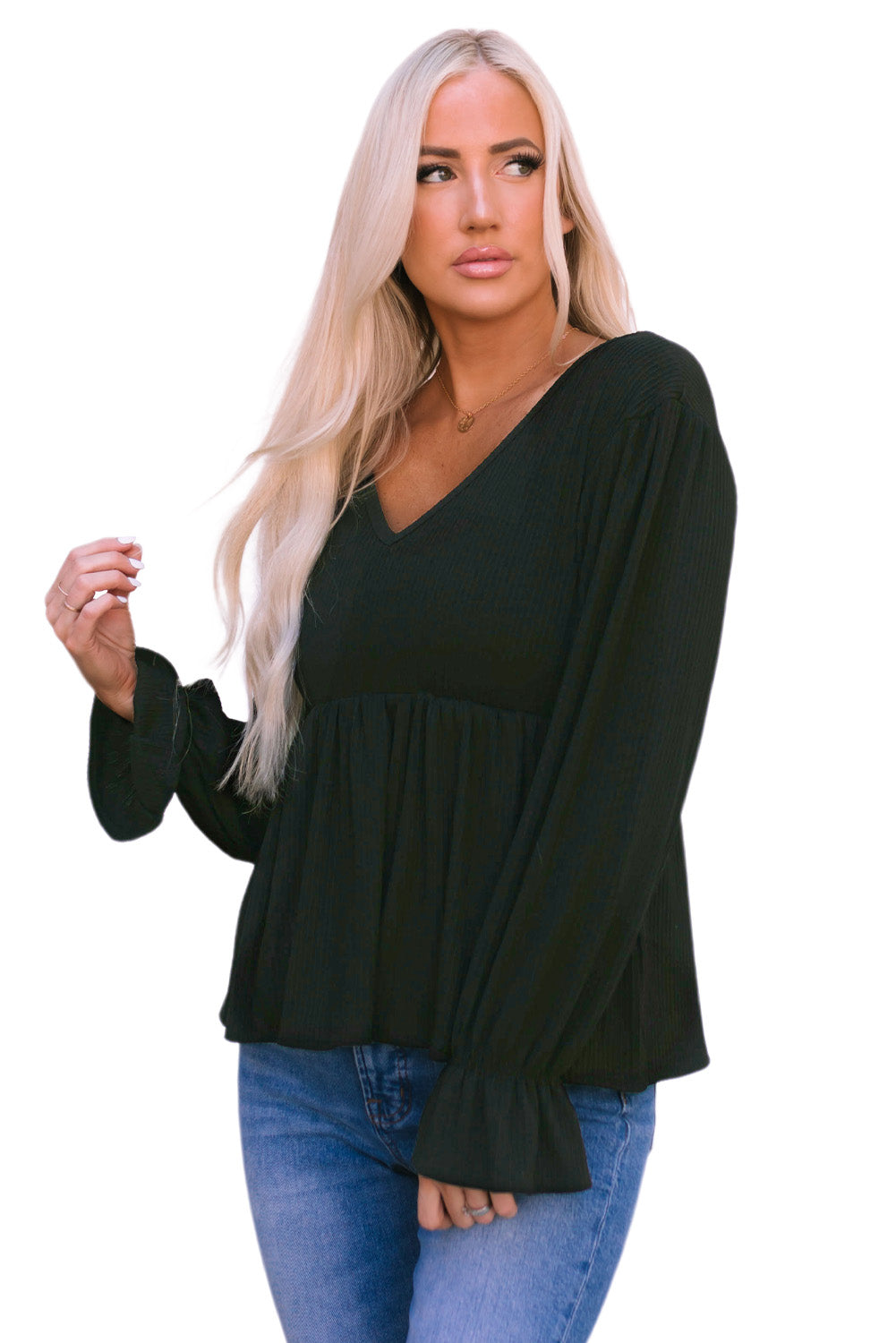 Black Pleated Ruffled V Neck Babydoll Top