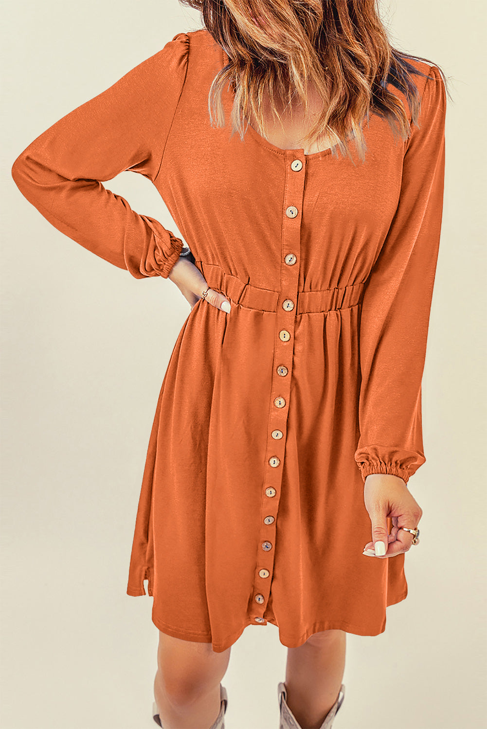 Red Button Up High Waist Long Sleeve Dress