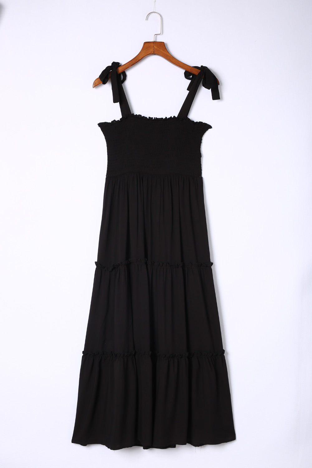 Black Tie Strap Smocked Frill Tiered Midi Dress