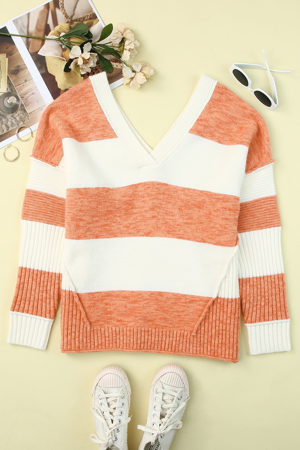 Stripe Striped V Neck Criss Cross Back Sweater