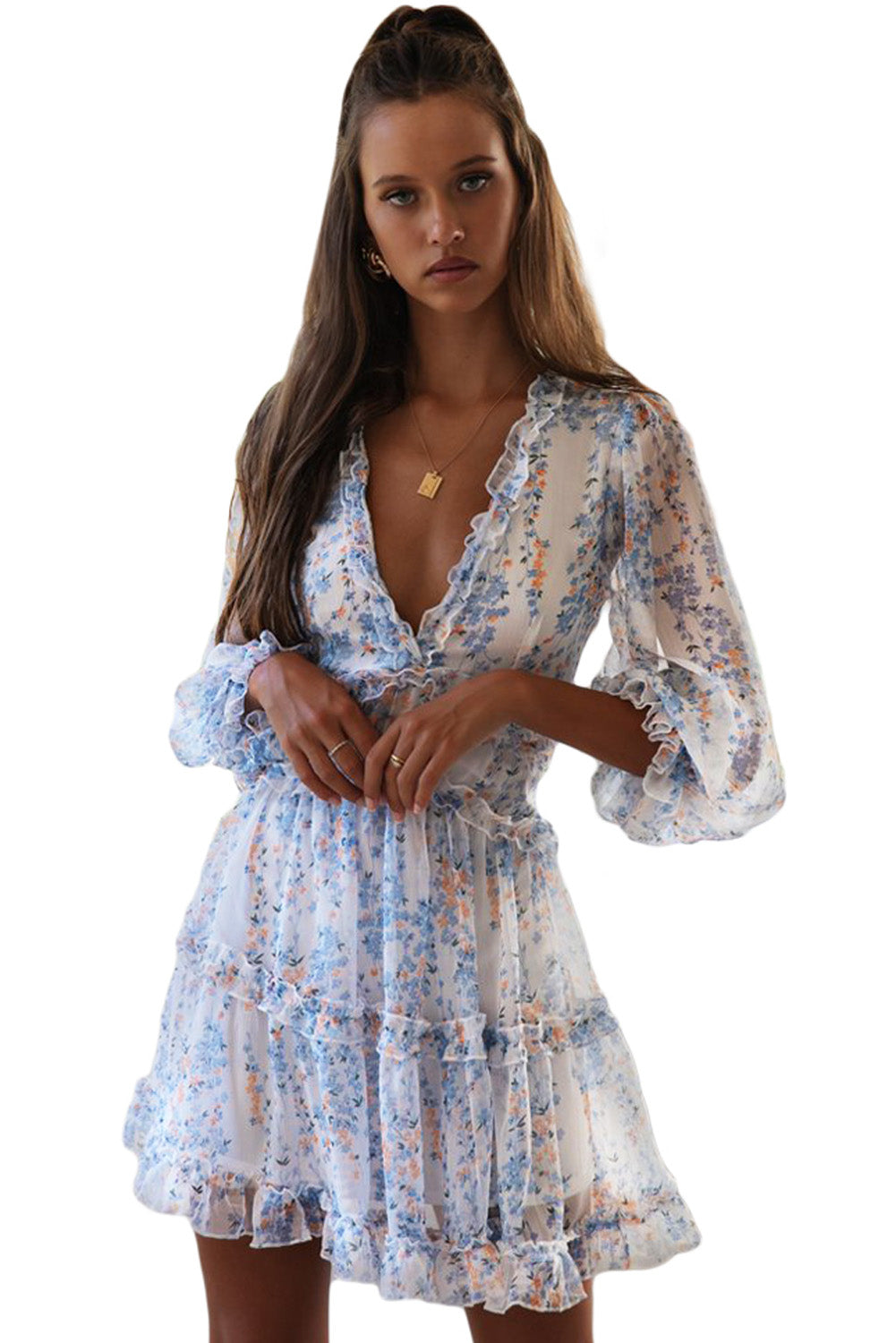 Blue Ruffle Detailing Open Back Floral Dress