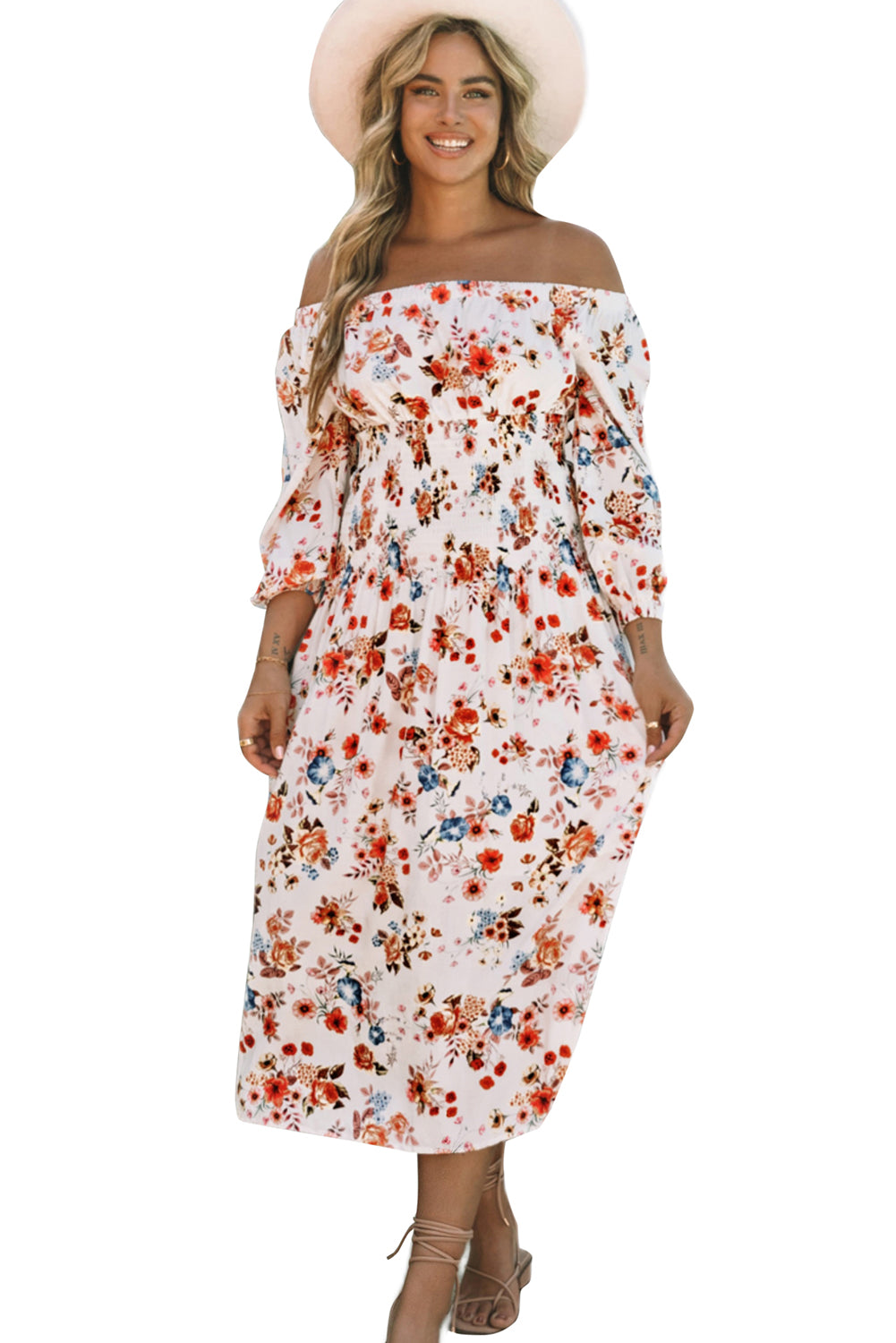 White Off Shoulder Smocked Waist Floral Dress