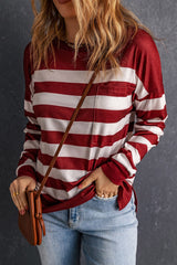 Red Print Pocketed Long Sleeve Top with Slits