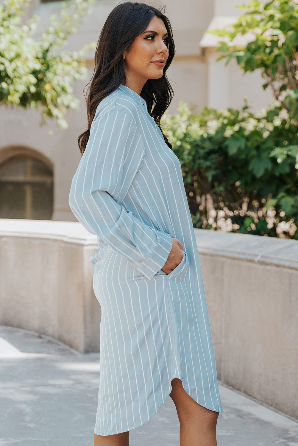 Sky Blue Striped Shirt Midi Dress with Sash